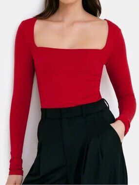 MARCELLA NYC YVONNE RED STRETCH SQUARE NECK LONG SLEEVE TOP